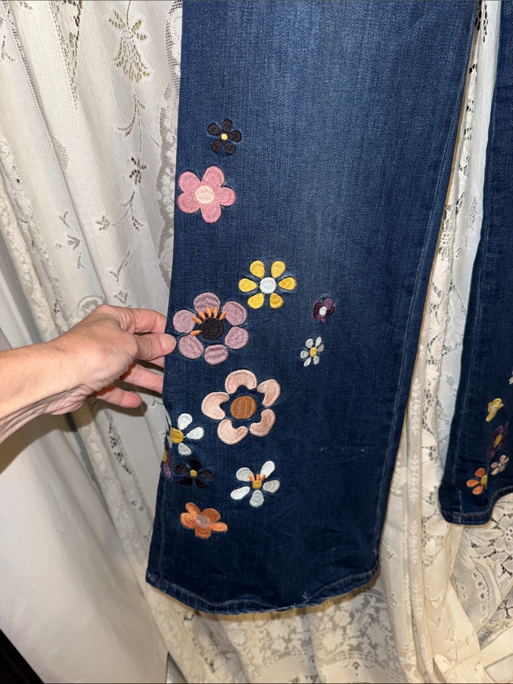 DRIFTWOOD Carlie Dark Blue Floral Embroidered Wide-Leg Jeans - Picture 4 of 7